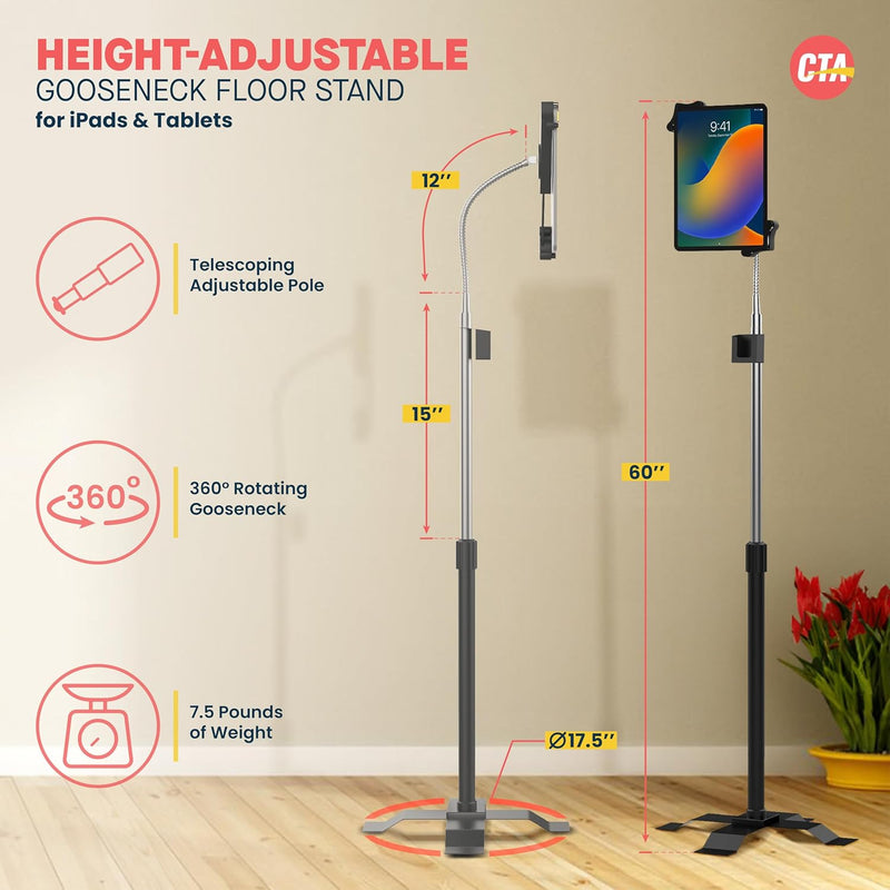 Gooseneck Floor Stand CTA Height-Adjustable Gooseneck Floor Stand with 360-Degree Rotation and Adjustable Pole for 7-13 Tablets Including iPad 7th/8th/9th Gen. 10.2, iPad Air 4 & More (PAD-AFS) - Non-Mobile