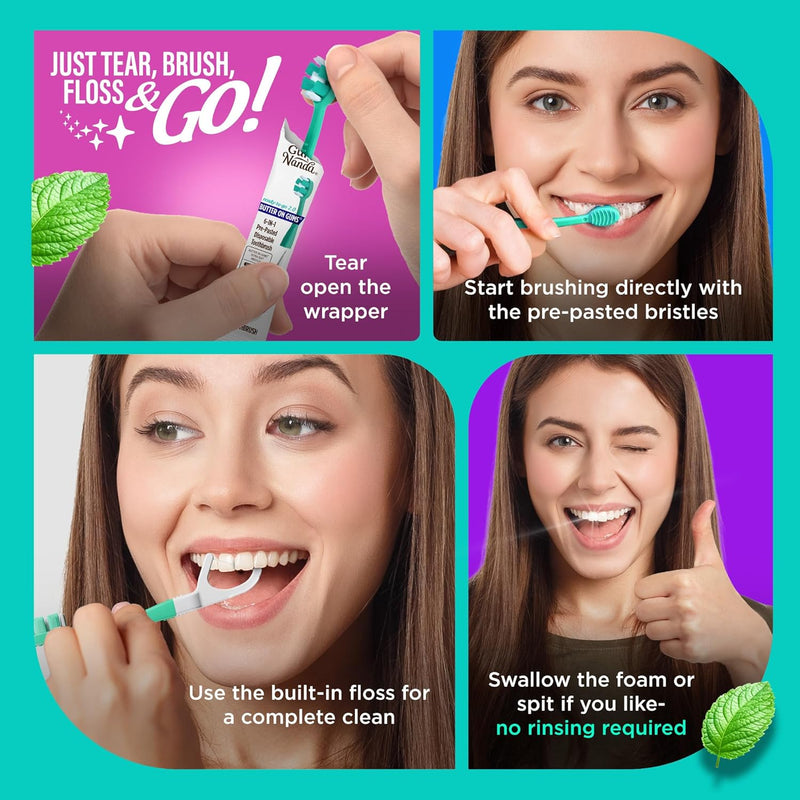 GuruNanda 6-in-1 Disposable Toothbrush, Ready to Use Pre-Glued Butter on Gum, Softex Brushes, Flossing and Toothpicks, Tongue and Cheek Cleaner, Wrapped