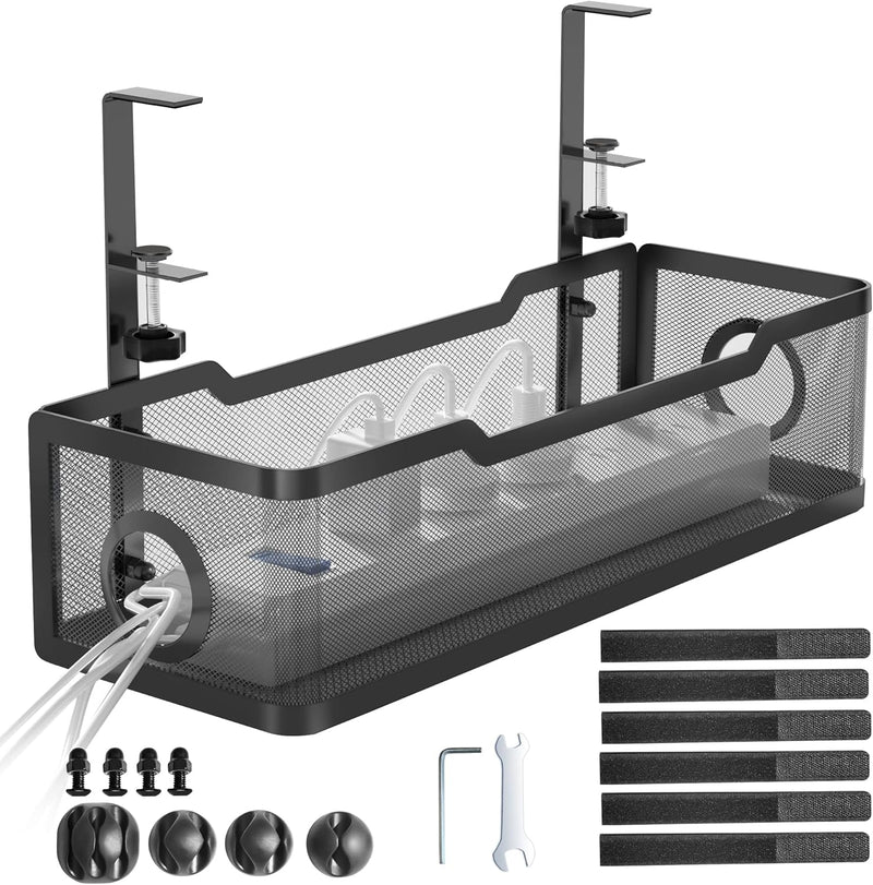 Cinati Under Desk Cable Management Tray Black, Cable Management Under Desk No Drill, Cable Tray with Clamp for Desk Wire Management,Desk Cable Management Box for Office, Home - No Damage to Desk - Black-1 Pack(13.4")
