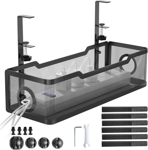 Cinati Under Desk Cable Management Tray Black, Cable Management Under Desk No Drill, Cable Tray with Clamp for Desk Wire Management,Desk Cable Management Box for Office, Home - No Damage to Desk - Black-1 Pack(13.4")
