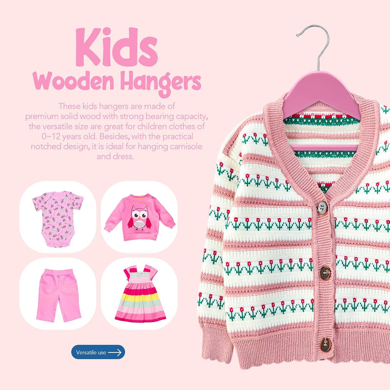 CozyMood Wooden Childrens Hangers Kids Hangers (20 Pack) Wood Baby Hangers Nursery Hangers, 360° Swivel Hook Non Slip Coat Hanger for Coats, Suits, Pants and Jackets (Pink)