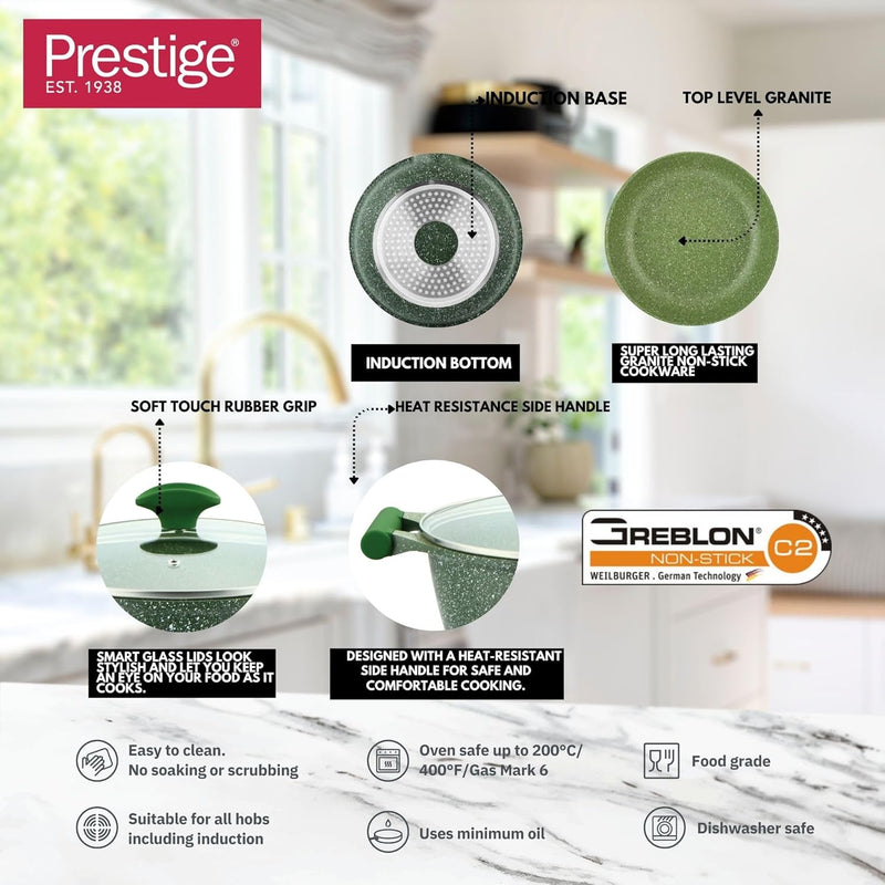 Prestige Essentials Granite Non Stick Set Combo 26cm Fry Pan + 26cm Casserole With Lid Induction Cookware Set 2 Pieces Green - PR80993