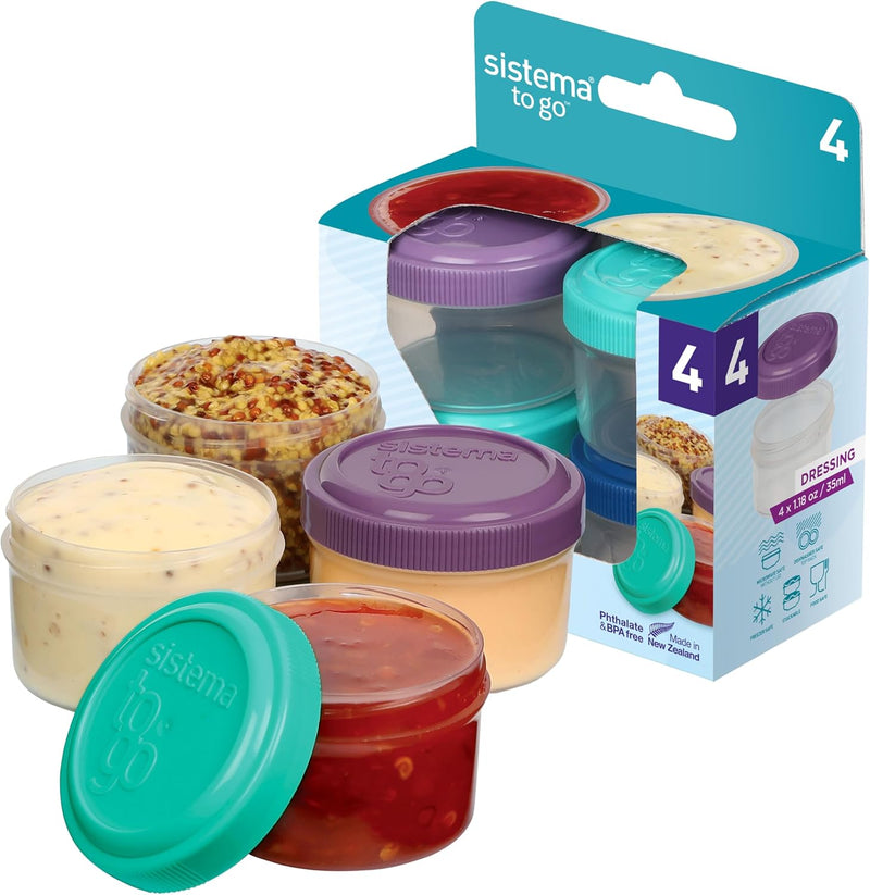 Sistema 4-Piece Salad Dressing And Condiment Containers With Lids For Lunch, Dishwasher Safe, 1.18-Ounce, Multicolor - Assorted Dressing Pots