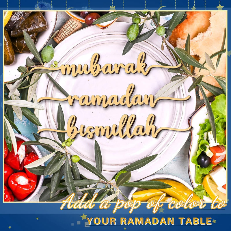 Queekay 12 Pieces Ramadan Wood Sign Ramadan Mubarak Plate Setting Plate Sign Ramadan Kareem Wooden Ornament Islamic Table Decor for Eid Ramadan Islamic Home Party Decor (Classic Style,10 x 1.6 Inch) - Classic