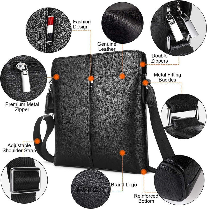 Mens Shoulder Bag, Genuine Leather Messenger Handbag Crossbody Bag for Men Purse iPad Bag for Business Office Work School with Adjustable Strap Black, Black, One Size