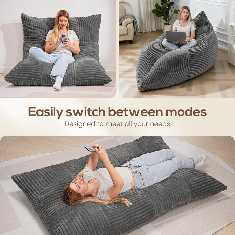 Giant Bean Bag Chair, 3-in-1 Convertible Bean Bag Floor Cushion with Machine Washable Cover,Giant Bean Bag Chairs for Adults, Living Room, Bedroom (Grey) - Grey