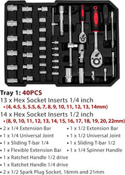 Toshionics Professional Tools Set 187 Pcs Mechanics Tool Kit with Sturdy Aluminum Trolley Wheel Case, Auto Mechanics Wrench Ratchet Socket Kit, Organizer Chest, General Household and Auto Toolkit