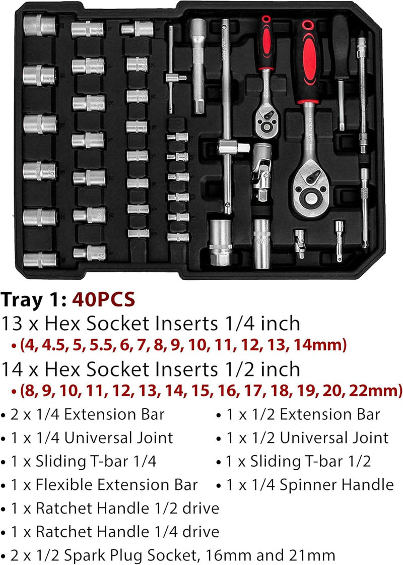 Toshionics Professional Tools Set 187 Pcs Mechanics Tool Kit with Sturdy Aluminum Trolley Wheel Case, Auto Mechanics Wrench Ratchet Socket Kit, Organizer Chest, General Household and Auto Toolkit