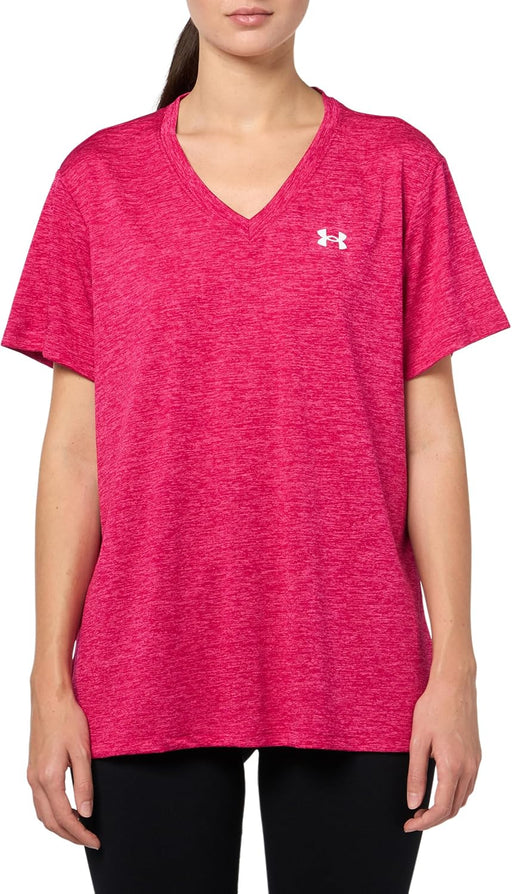 Womens Women's UA Tech Twist V-Neck Short Sleeve Tech SSV- Twist (pack of 1) - Shaded Fuchsia / / White