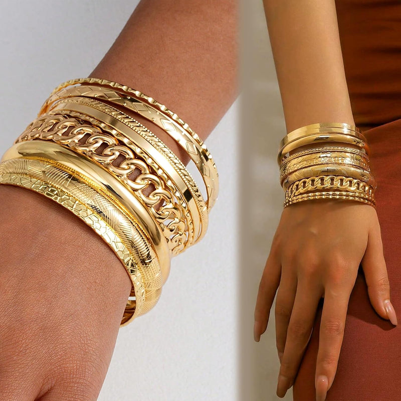 Gold Bangle Bracelets for Women, 14K Gold Plated Stackable Indian Bangles Set, Multi Layer Textured Chunky Boho Jewelry