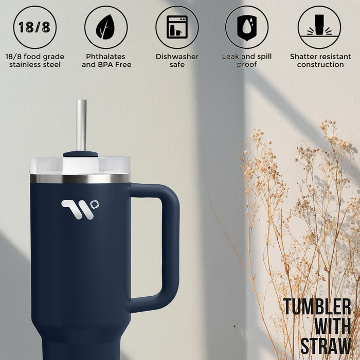 S2C 40oz Stainless Steel Tumbler with Handle & Straw – Double Wall Vacuum Insulated Mug – Leakproof, BPA-Free, Keeps Drinks Hot & Cold – Ideal for Office, Gym, Travel – Fits Car Cup Holder–(Blue)