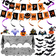 Halloween Party Decorations Set - 5Pack HalloweenDecor Festive Happy Halloween Banner Hanging Swirls & Spider Web Table Decorations & Mantel Scarf & 3D Bat Sticker for Hallo-ween Party Home