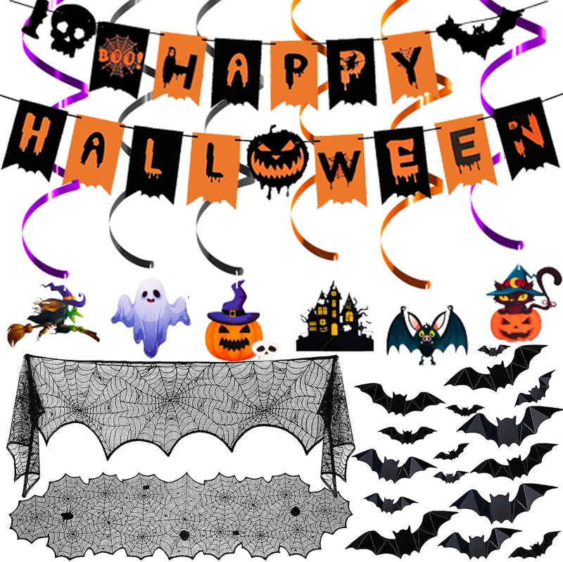 Halloween Party Decorations Set - 5Pack HalloweenDecor Festive Happy Halloween Banner Hanging Swirls & Spider Web Table Decorations & Mantel Scarf & 3D Bat Sticker for Hallo-ween Party Home