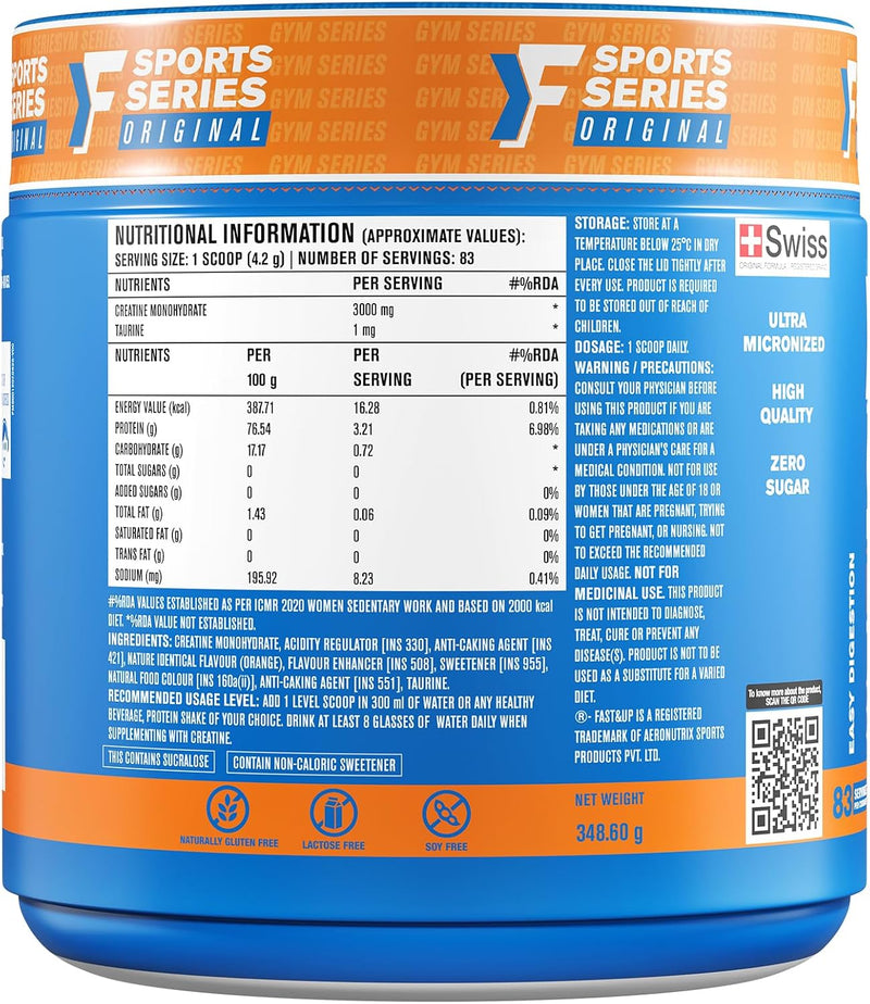 FAST&UP Creatine Monohydrate Powder Pure Micronized Creatine Supplement for Muscle Growth, Strength & Recovery Unflavoured Creatine Powder, (83 Servings) Blue 250 gms