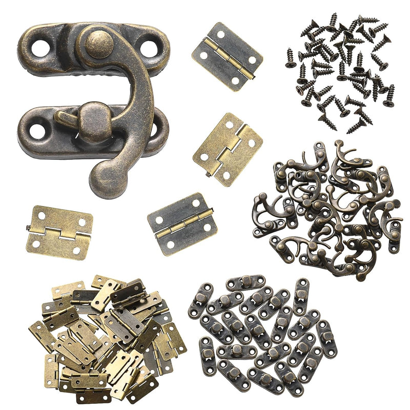 Prasacco 300-Piece Jewelry Box Hardware Set, includes 40 Jewelry Box Hinges 20 Antique Right Latches Hook Hasps 240 Replacement Screws, Small Decorative Hinges for Wooden Box Cabinet (Bronze Color)