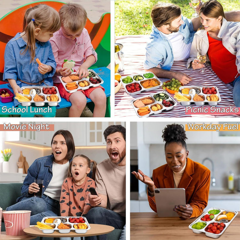 Stainless Steel Bento Box Tray Lunch Box - 2 Pack Snack Boxes & Bento Trays 5 Compartments for Kids Adult School, Lunch, Restaurant