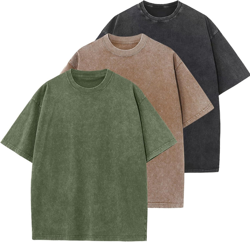 Mens Cotton T-Shirt, Oversized, Unisex, Short-Sleeved, Casual, Loose Fit, Washed, Solid Color - ['Black', 'Coffee', 'Military Green']