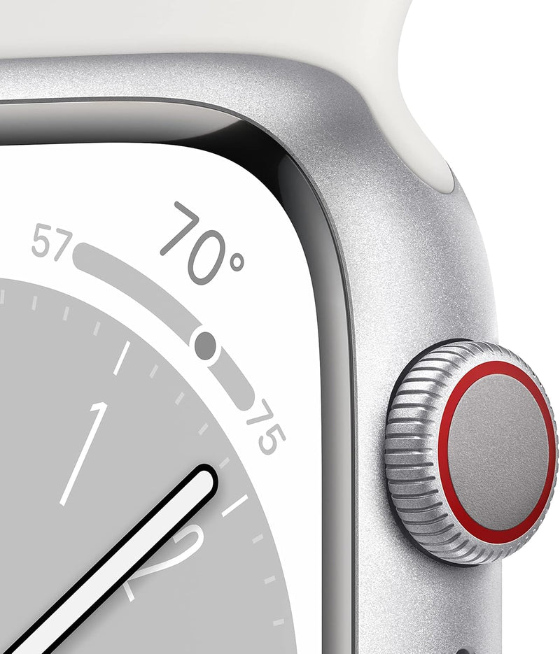 Apple New Apple Watch Series 8 (GPS + Cellular 45mm) Smart watch - Silver Stainless Steel Case with White Sport Band - Regular. Fitness Tracker, Blood Oxygen & ECG Apps, Water Resistant (Renewed)