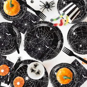 Halloween Spider Web Party Supplies - 96PCS Halloween Party Supplies Set Includes Plates Napkins Forks Horror Decor Supply Serves 24 Guests Tableware Kit
