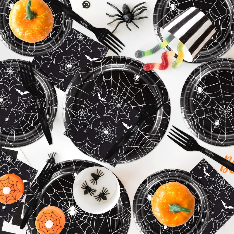 Halloween Spider Web Party Supplies - 96PCS Halloween Party Supplies Set Includes Plates Napkins Forks Horror Decor Supply Serves 24 Guests Tableware Kit