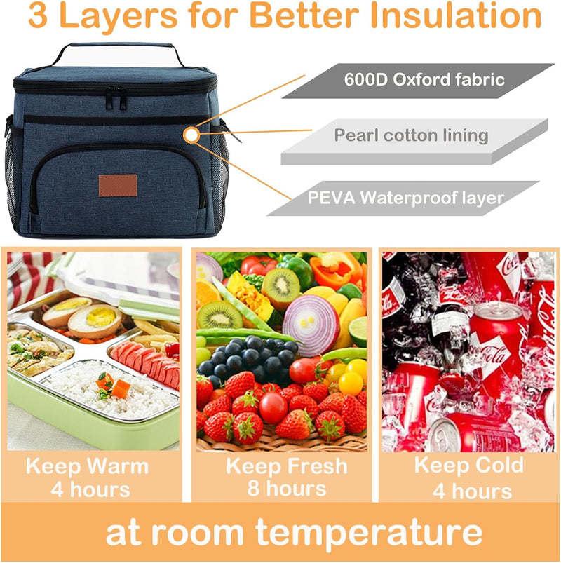 Insulated Lunch Bag for Men and women,Leak-Proof Cooler Lunch Box,Large Lunch Cooler Bag for Work,Travel,Picnic,navy blue,14L