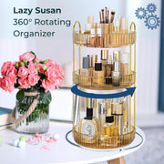 Sortify Rotating Makeup Organizer with Makeup Brush Holder, Save 80% of Vanity Space with Luxury Cosmetic Organizer 3 Tier, 360° Spinning Lazy Susan Skincare Organizer Stand, Gold 47x23x23cm