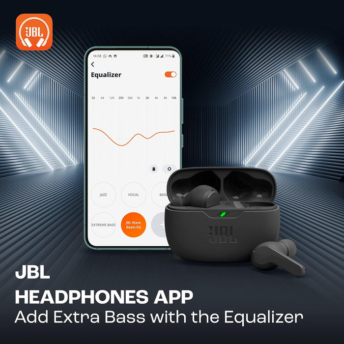 JBL Wave Beam 2 Adaptive Noise Cancelling with Smart Ambient True Wireless Earbuds, Deep Bass, Comfort Fit, 40H Battery, Hands-Free + VoiceAware, Water and Dust Resistant - Black, JBLWBEAM2BLK