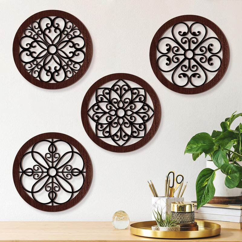 Yulejo 4 Pcs Thicken Rustic Wall Decor Farmhouse Wall Art Wooden Hollow Carved Design Decor Rustic Round Wall Art for Living Room Bedroom Hallway Decor Kitchen Wall (Black, Brown,9.8 x 9.8 Inch)