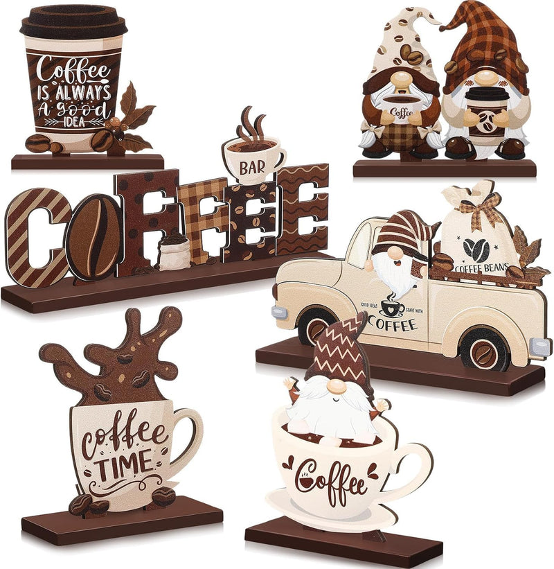 6Pcs Farmhouse Coffee Bar Decor, Azonee Rustic Gnomes, Table Signs & Wood Tiered Tray Centerpiece for Coffee Station, Ideal for Home Kitchen & Office