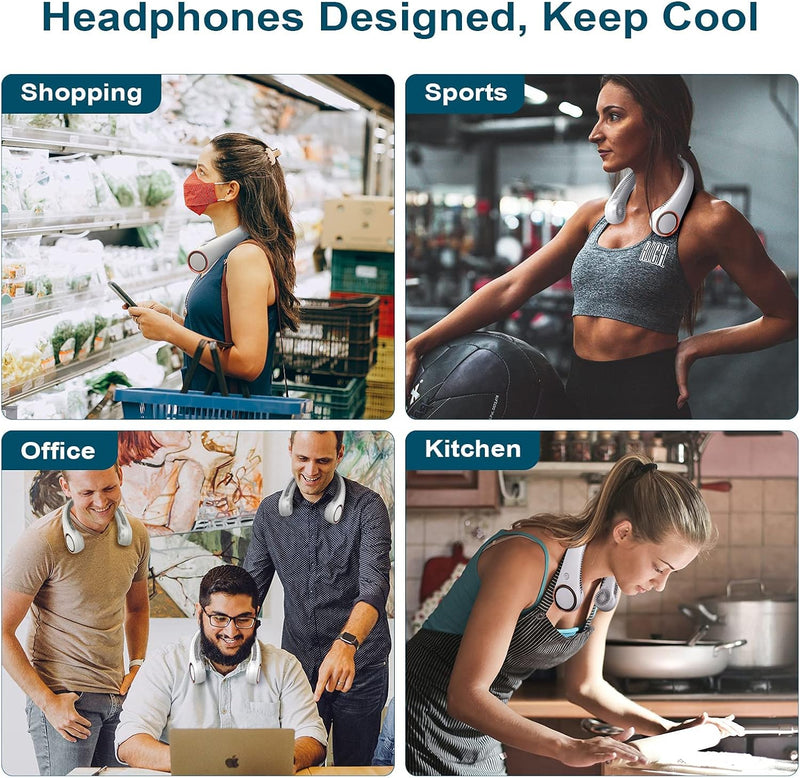 KASTWAVE Portable Neck Fan, Hands-Free Bladeless Fan, 360 Cooling Personal Fan, 3 Speeds Adjustment, 78 Air Outlet, Headphone Design, Rechargeable, USB Powered Neck Fan for Outdoor Indoor