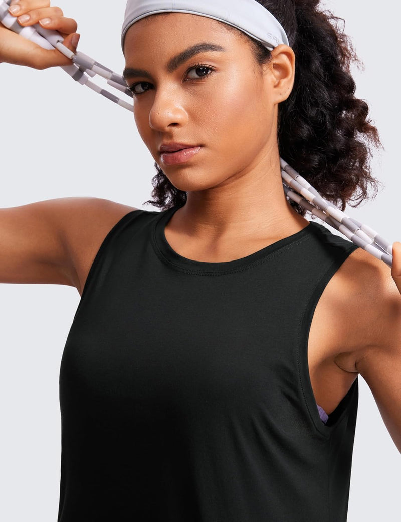 CRZ YOGA Women's Pima Cotton Loose Cropped Tank Tops Workout High Neck Sleeveless Athletic Gym Shirts