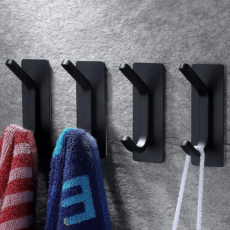 4pcs Stainless Steel Adhesive Hooks Wall Mounted, Heavy Duty Storage Wall Mount Hooks for Hanging Coat Clothes Towels Hat Bags for Home Entryway Bathroom Bedroom Kitchen Living Room (Silver) - Black