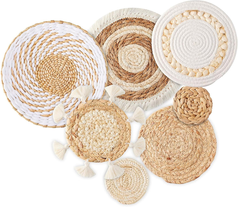 Dimpola 7 Pack Boho Wall Basket Decor - Seagrass Rattan Wicker Wall Decor Round Handmade Hanging Rustic Flat Elegant Wall Art for Farmhouse Living Rooms Bedrooms Display Table Settings Kitchen Home