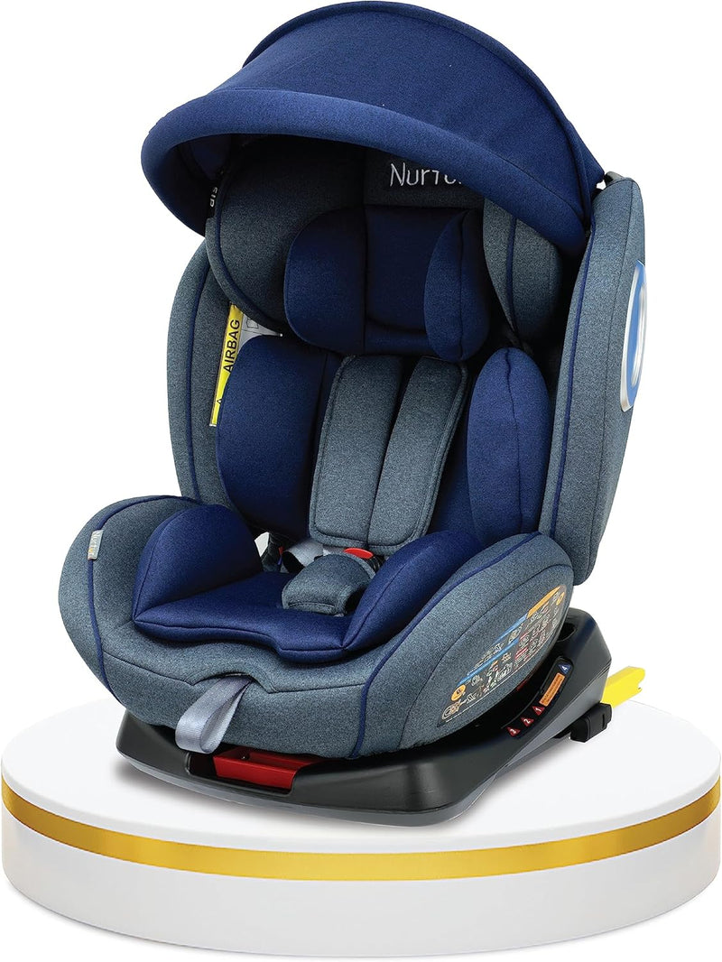 Nurtur Ultra Baby/Kids 4-in-1 Car Seat - 360 Rotation - ISOFIX 9-Level Adjustable Headrest and Canopy - 0 months to 12 years (Group 0+/1/2/3), Upto 36kg- Shiny Blue