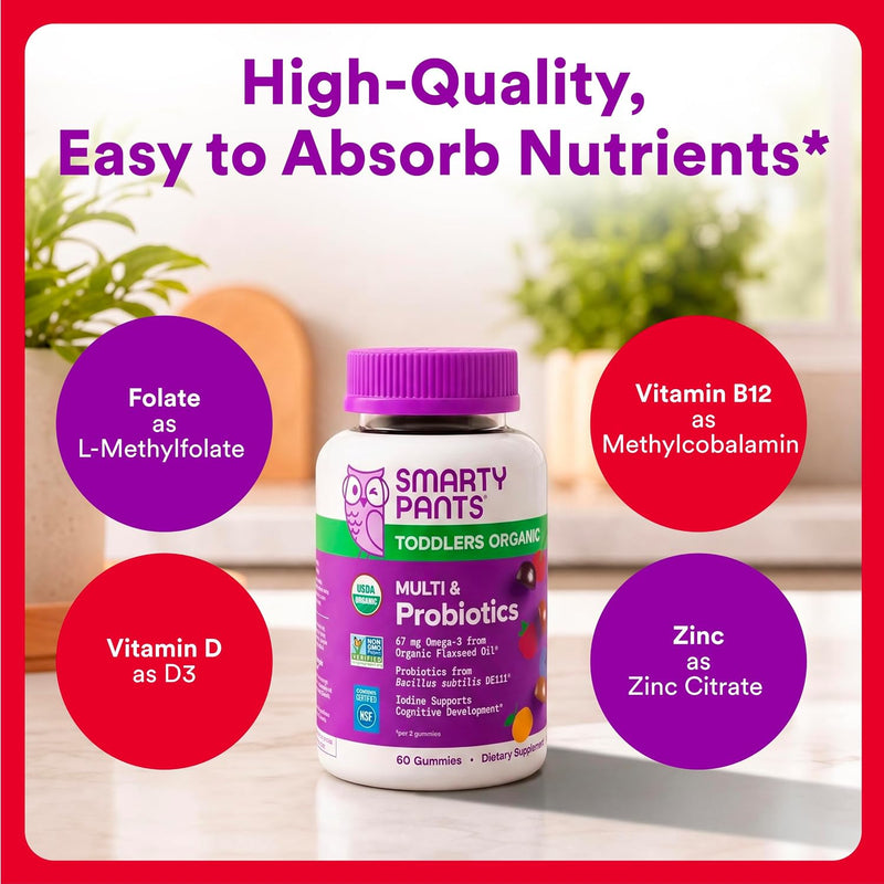 Organic Toddler Multivitamin, Daily Gummy Vitamins: Probiotics, Vitamin C, D3, Zinc, & B12 for Immune Support, Energy & Digestive Health, Fruit Flavor, 60 Gummies, 30 Day Supply