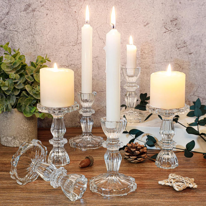 Glass Candlestick Holders Set of 6, Clear Taper Candle Holders, Crystal Decorative Candle Stand Centerpiece for Table Wedding Dinning Party 4 Inch Tall