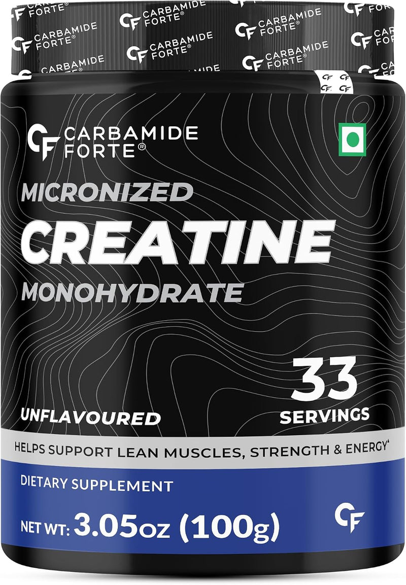 Carbamide Forte Micronised Creatine Monohydrate Powder 33 Servings 100g Creatine Supplement Powder Unflavoured for Lean Muscle Volumization, Strength & Energy - Creatine Black