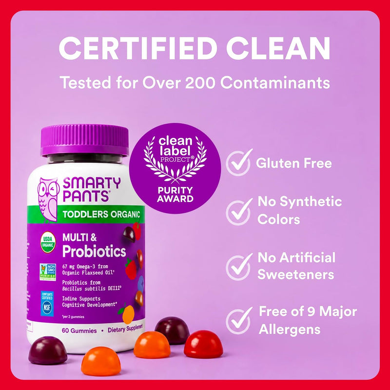 Organic Toddler Multivitamin, Daily Gummy Vitamins: Probiotics, Vitamin C, D3, Zinc, & B12 for Immune Support, Energy & Digestive Health, Fruit Flavor, 60 Gummies, 30 Day Supply