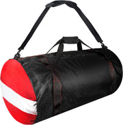 Mesh Dive Duffel Bag, Extra Large Sport Beach Bags with Adjustable Shoulder Strap, Totes and Zipper for Gym Gear, Sports Balls, Scuba Gear, Snorkeling, Diving, Rafting, and Water Sports, Black - Red and White