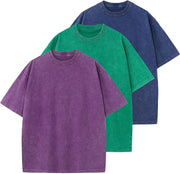 Mens Cotton T-Shirt, Oversized, Unisex, Short-Sleeved, Casual, Loose Fit, Washed, Solid Color - Purple+green+blue
