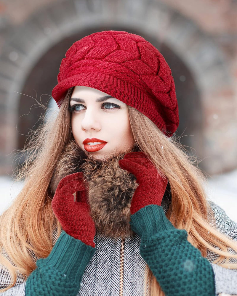 4 Pieces Women Winter Hat and Glove Set, Warm Knitted Beanie Hat Glove Snow Ski Skull Cap with Visor and Touchscreen Glove