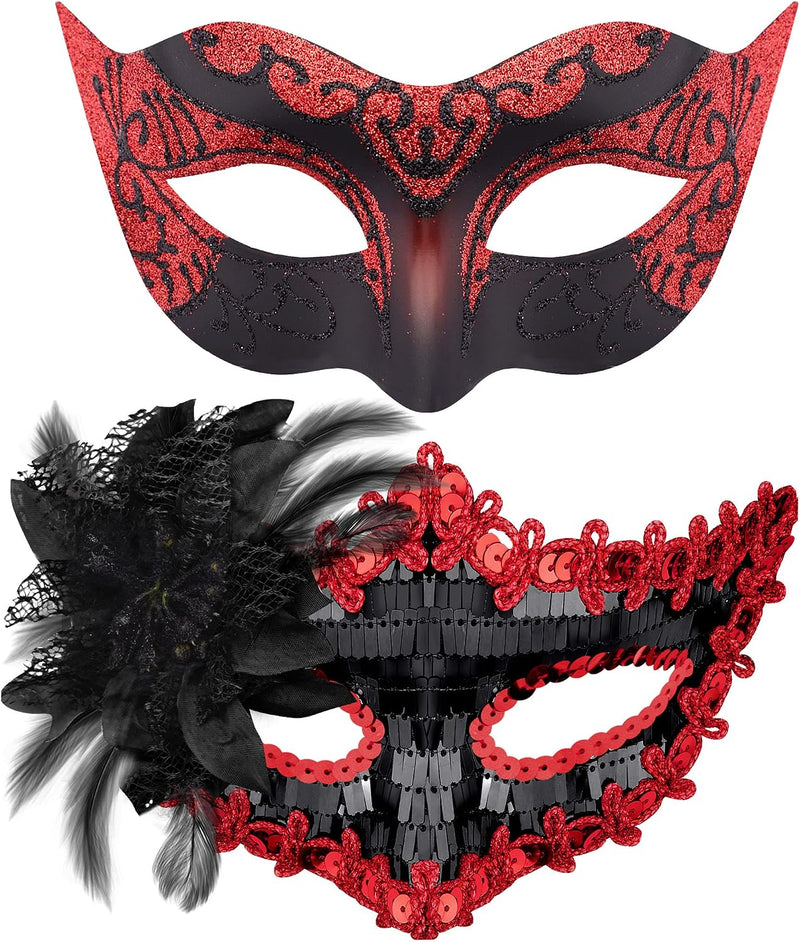 Couple Masquerade Masks Set Venetian Party Mask Costume Mask - Black & Red