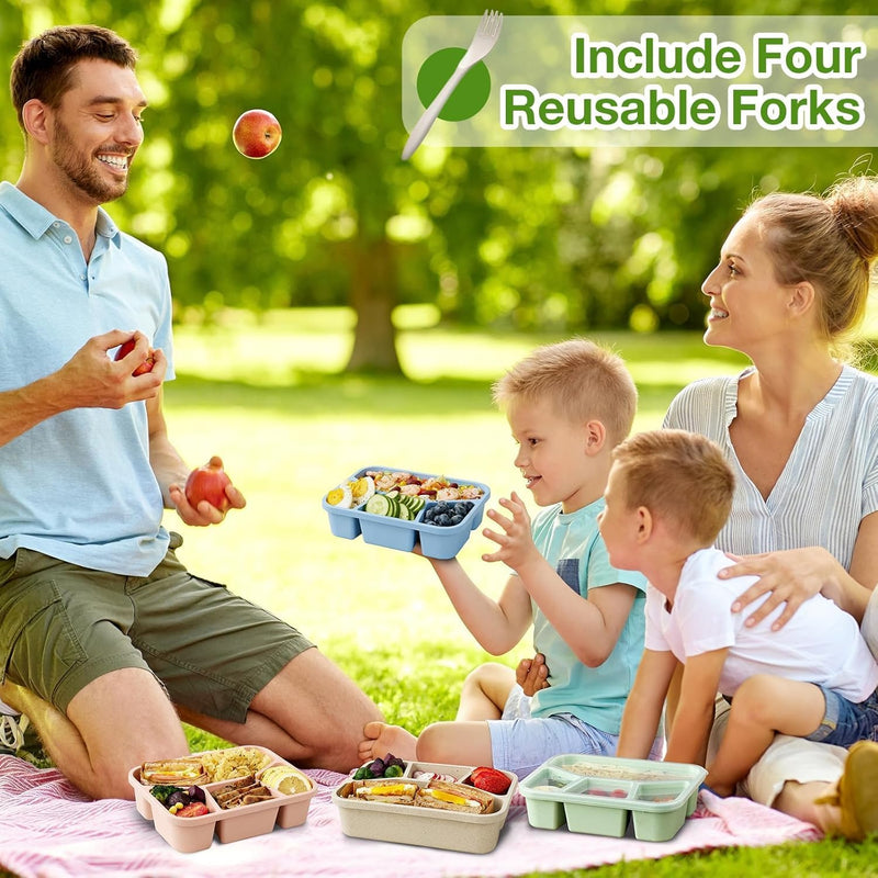 NimbusNote 4 Pack Bento Lunch Box, 4 Compartment Wheat Straw Meal Prep Containers for Kids/Toddle/Adults, BPA Free Reusable Food Snack Storage Containers, Durable Bento Box for School, Work and Travel