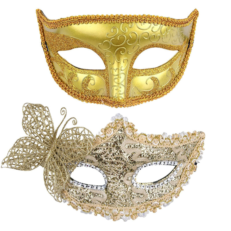Couple Masquerade Masks Set Venetian Party Mask Plastic Halloween Costume Mask Mardi Gras Mask for Couples Women and Men, Gold - Gold