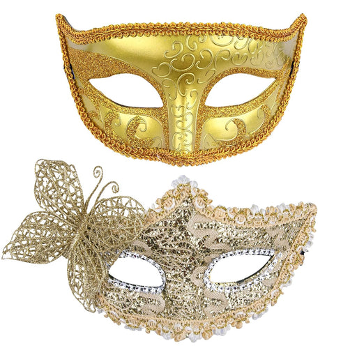 Couple Masquerade Masks Set Venetian Party Mask Plastic Halloween Costume Mask Mardi Gras Mask for Couples Women and Men, Gold - Gold