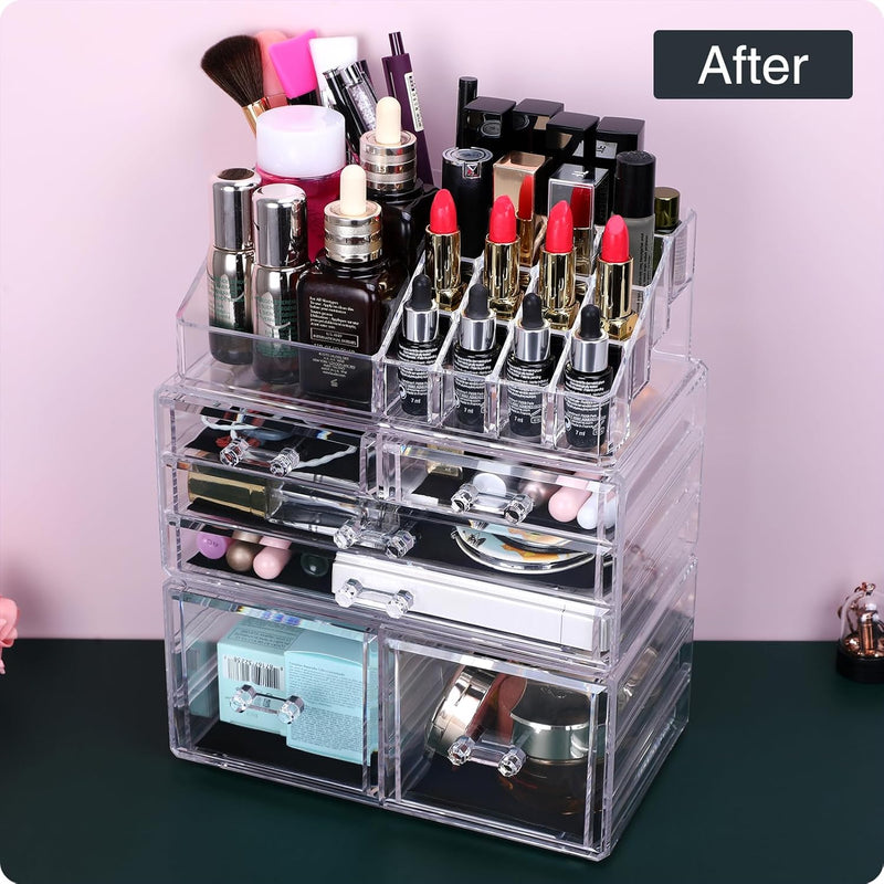 MOSIKER Acrylic 6 Drawers Makeup Organizer for Vanity,Clear Large Stackable Cosmetic Jewelry Storage Box for Bathroom