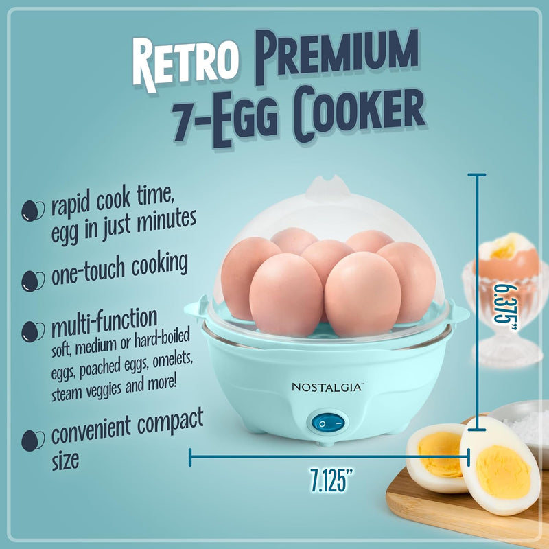 Nostalgia Retro Electric Large Hard-Boiled Egg Cooker, 7 Capacity, Poached, Scrambled, Omelets, Whites, Sandwiches, for Keto & Low-Carb Diets, Aqua