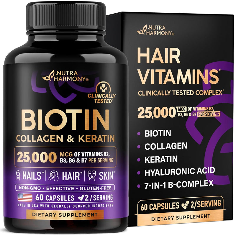 Biotin | Collagen | Keratin | Hyaluronic Acid - Hair Growth Support Supplement | Skin & Nails Beauty Complex 25000 mcg - B1 | B2 | B3 | B6 | B7 - Made in USA - For Women & Men | 60 Capsules
