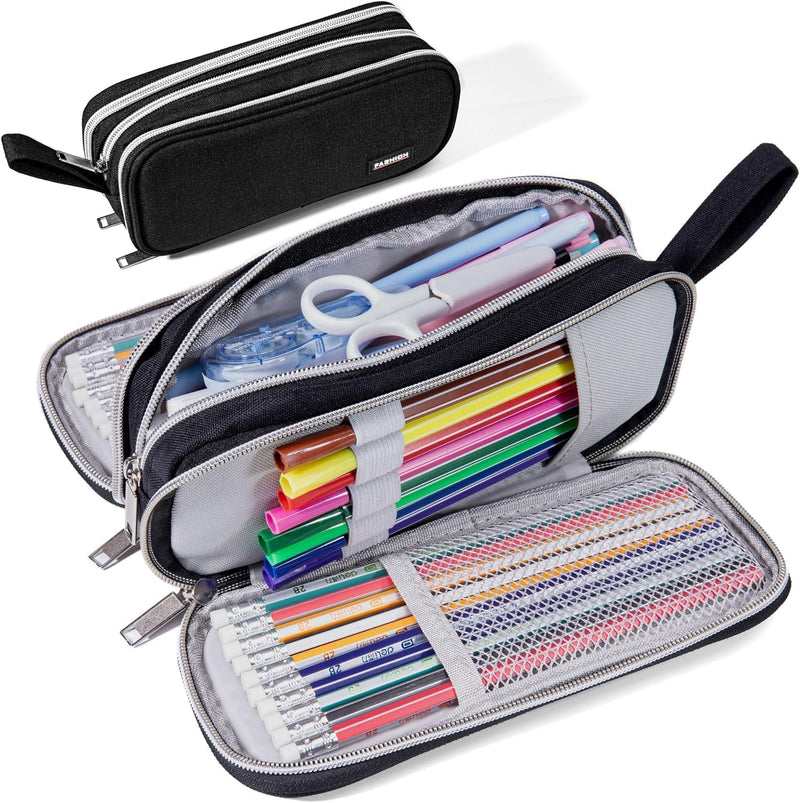 Revhq Pencil Case, Pen Bag, Pouch, Canvas Zipper 3 Compartment Large Case Organizer For School College Pouches - Black
