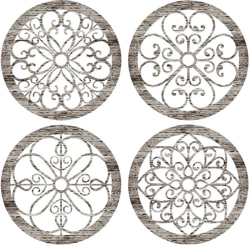 Yulejo 4 Pcs Thicken Rustic Wall Decor Farmhouse Wall Art Wooden Hollow Carved Design Decor Rustic Round Wall Art for Living Room Bedroom Hallway Decor Kitchen Wall (Black, Brown,9.8 x 9.8 Inch)